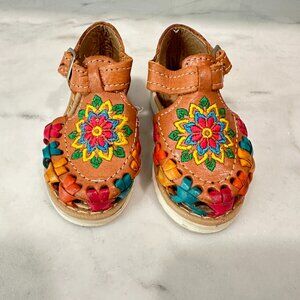Tan Leather Kids Sandals with Multicolor Floral Embroidery